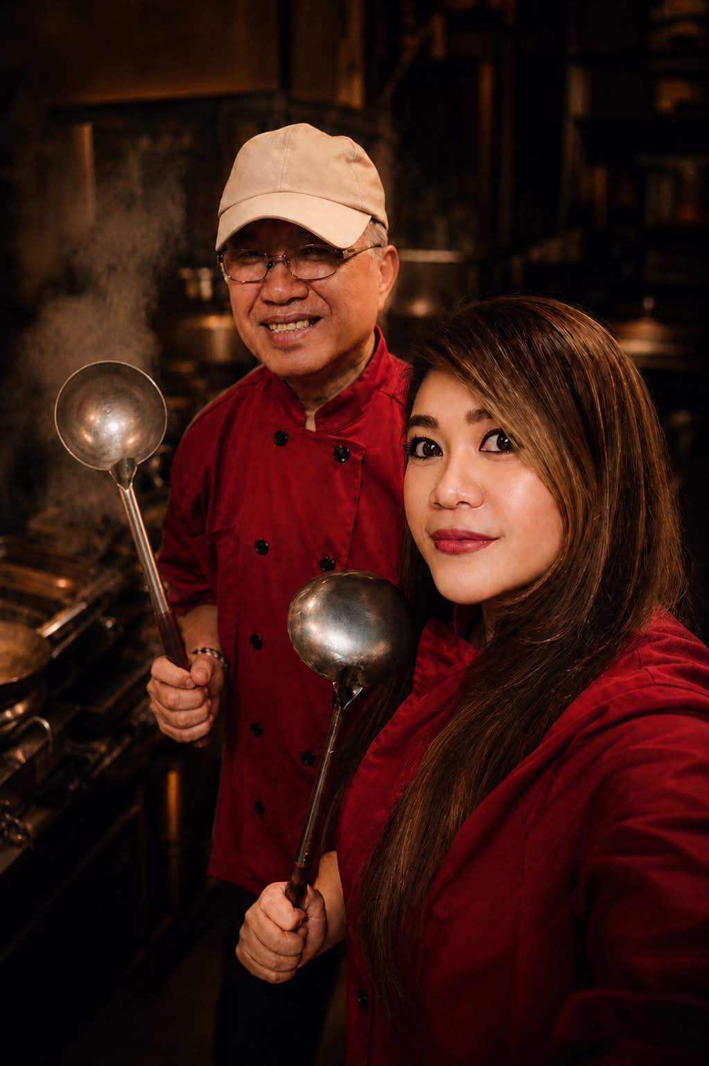 Chef Charlie and Chef Pai together in the iThaiz kitchen holding ladles
