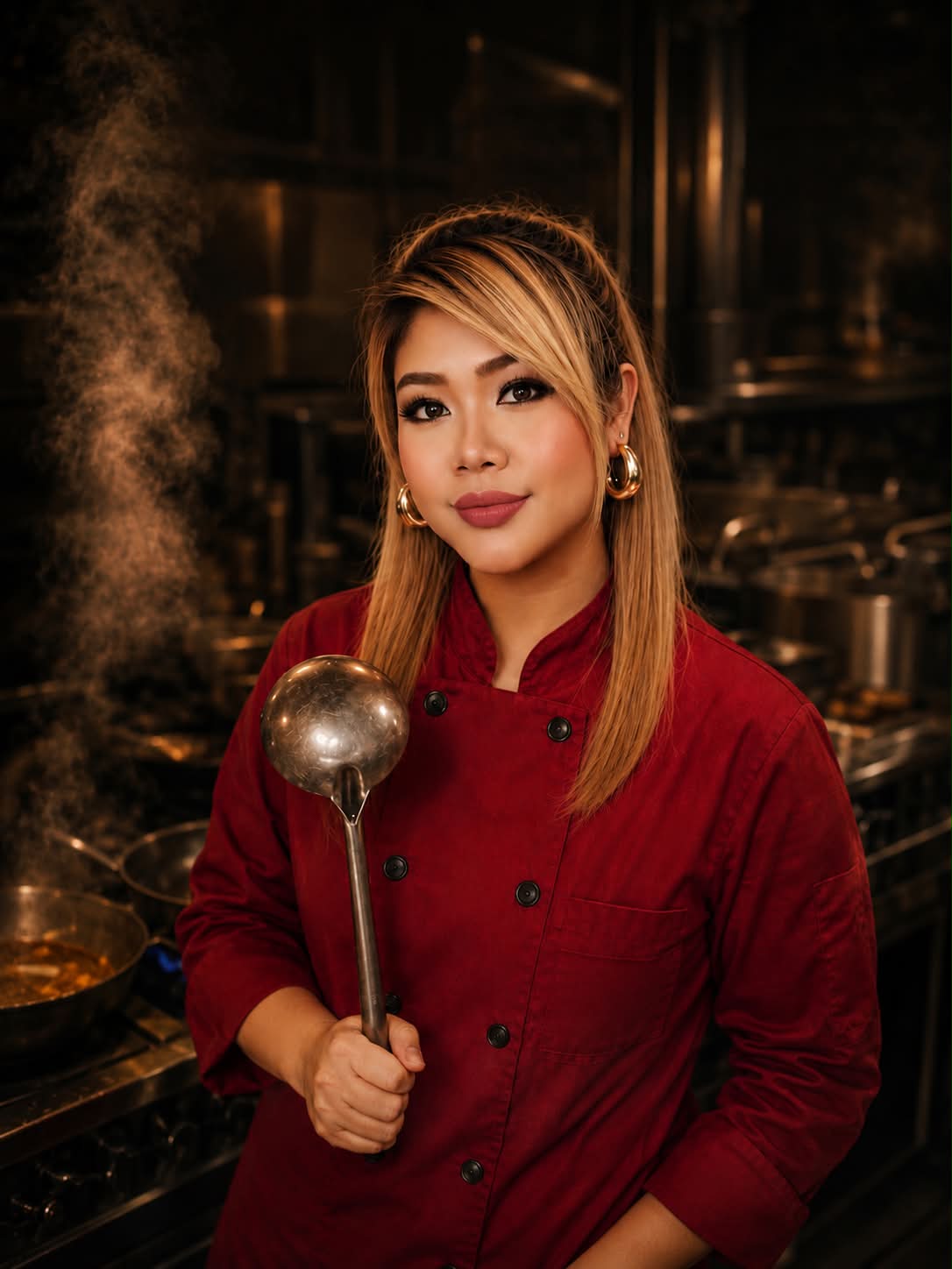 Chef Pai in the iThaiz kitchen holding a ladle
