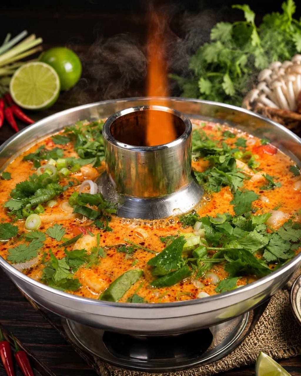 Lemongrass tom yum served in a traditional Thai hot pot