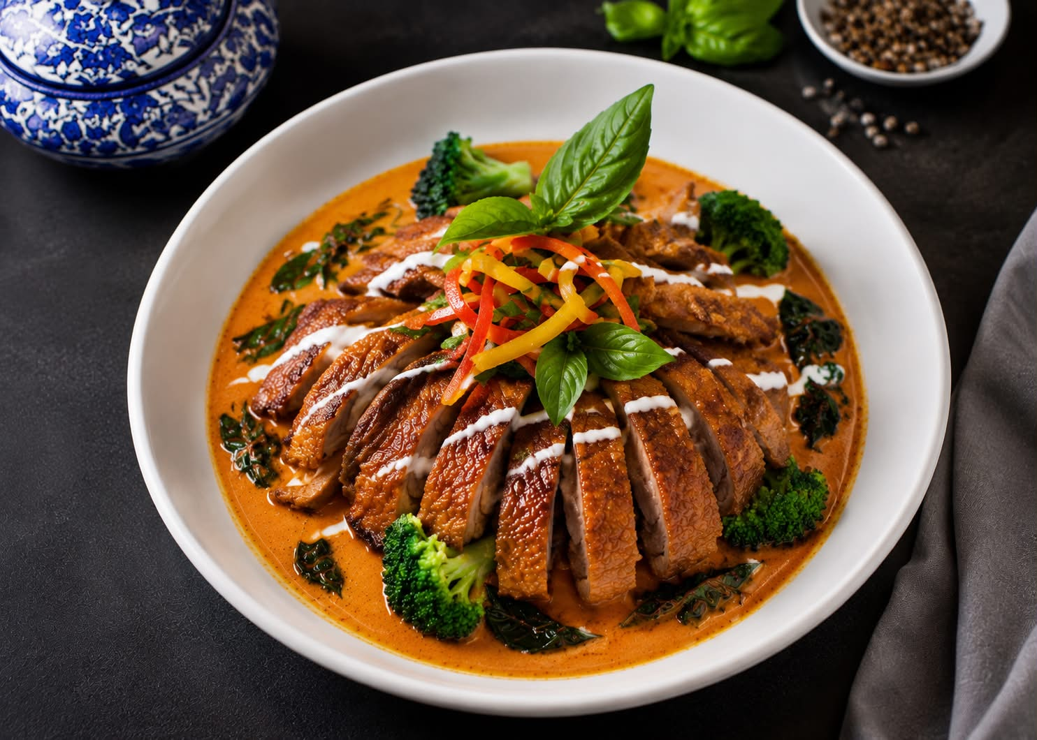 Spicy duck red curry garnished with Thai basil and bell peppers